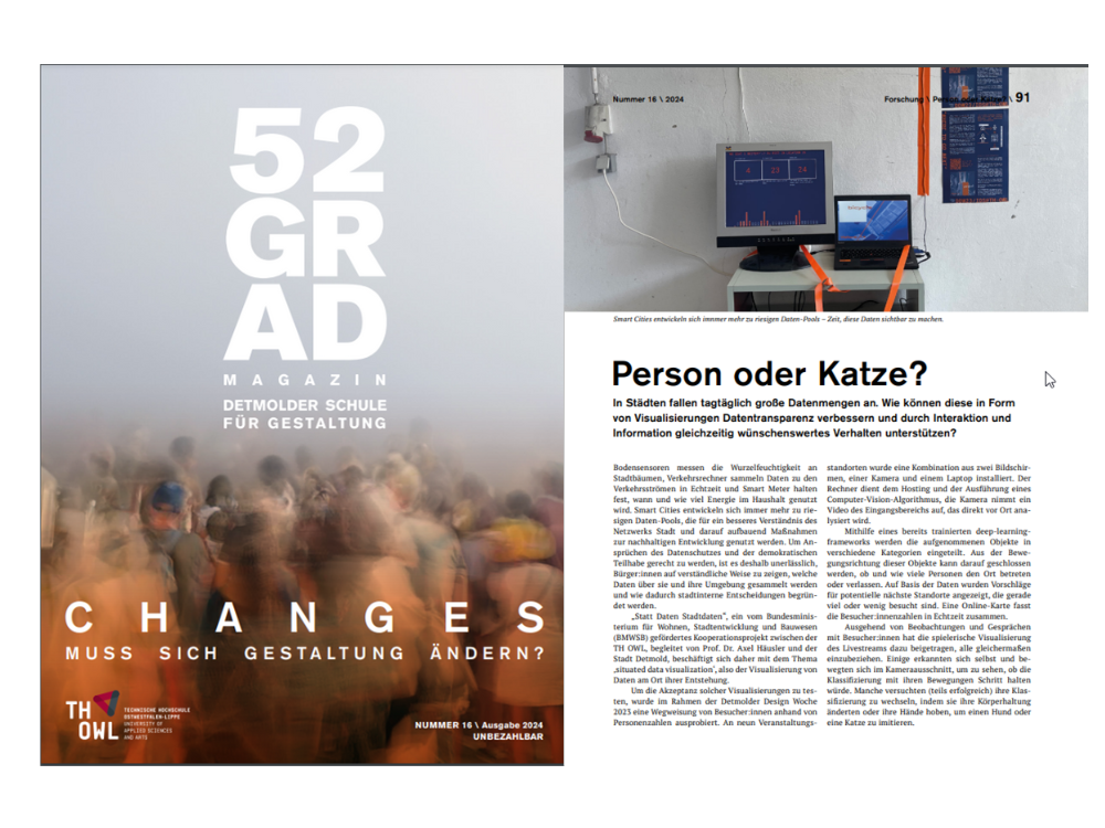 Das Foto zeigt eine Collage: links das Titelbild des Hochschulmagazins, rechts der Artikel "Person oder Katze".