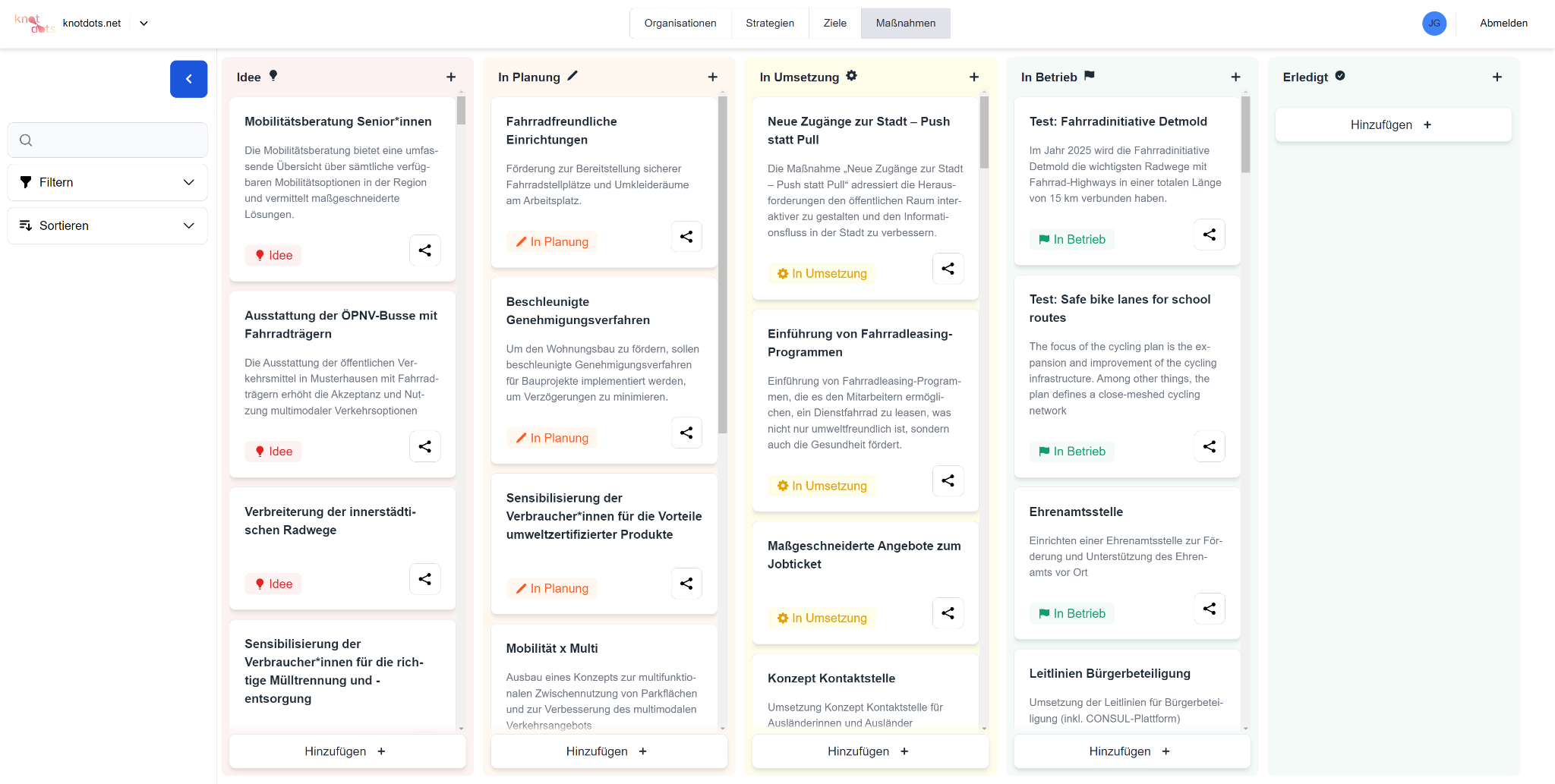 Screenshot der einzelnen Kacheln/Maßnahmen des Analysetools.
