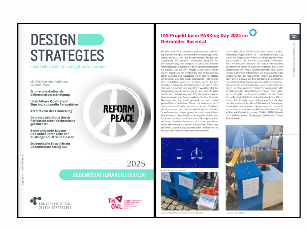 Das vertikal zweigeteilte Bild zeigt links den Titel der Fachzeitschrift "Design Strategies" und rechts einen Screenshot des Artikels auf Seite 121.