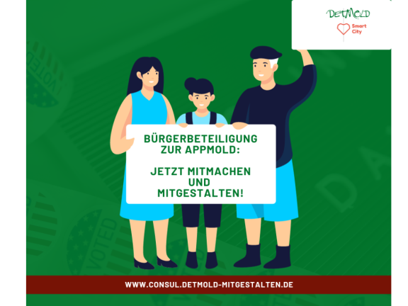 Die Grafik zeigt eine Frau, ein Kind und einen Mann, die ein Schild mit den Worten 