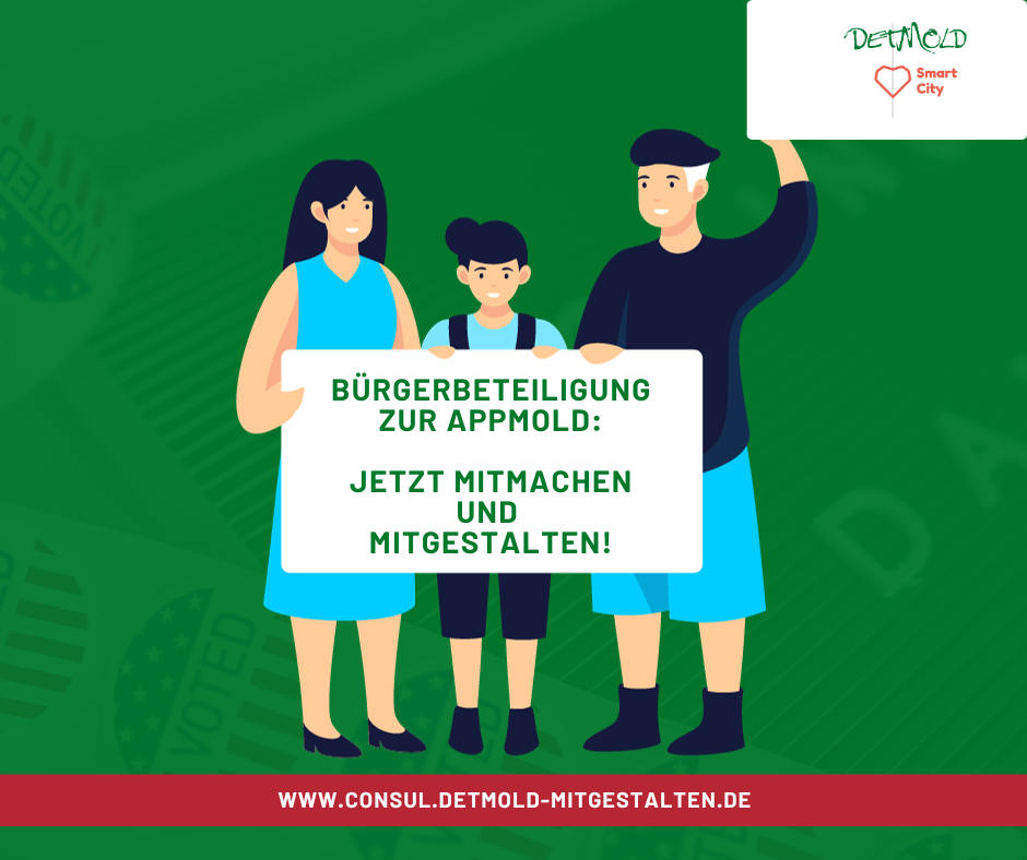 Die Grafik zeigt eine Frau, ein Kind und einen Mann, die ein Schild mit den Worten "Bürgerbeteiligung zur Appmold: Jetzt mitmachen und mitgestalten!" Oben rechts ist das Logo der Smart City Detmold zu sehen. Die Grafik wurde auf dunkelgrünem Hintergrund platziert.