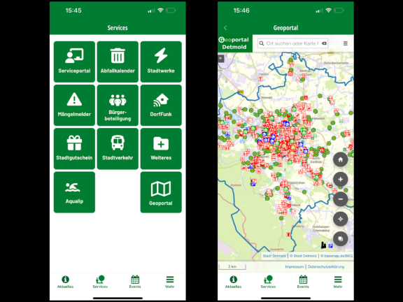 Zwei Screenshots der Appmold: Links Menü mit grünen Kacheln für Services wie Serviceportal, Abfallkalender, Stadtwerke, Mängelmelder, Bürgerbeteiligung, DorfFunk, Stadtgutschein, Stadtverkehr, Weiteres, Aqualip und Geoportal. Rechts Karte von Detmold mit vielen farbigen Markierungen und Suchfeld oben. 