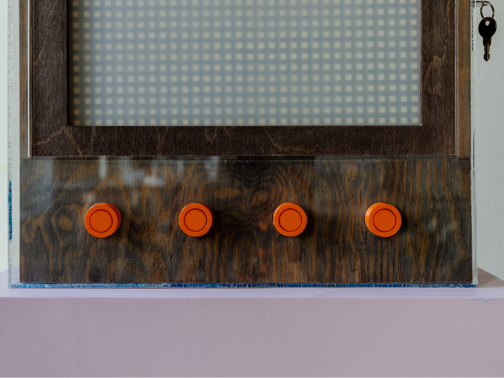 Das Foto zeigt die vier roten Abstimmungsknöpfe in Nahaufnahme am Dezentralen Interface.