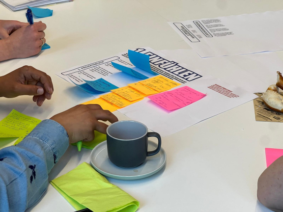 Ein/e Workshopteilnehmer/in sortiert Post-its auf einem DIN A4 Blatt. 