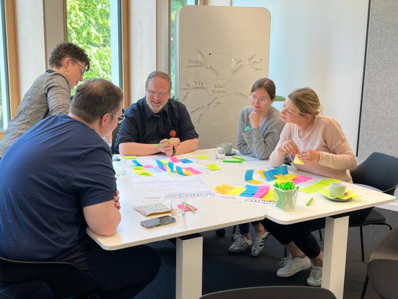 Fünf Personen sitzen um einen Tisch mit bunten Haftnotizen, Stiften und einem Flipchart mit Mindmap im Hintergrund, sie diskutieren in einem Workshop 