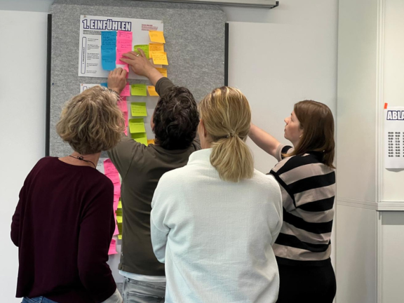 Vier Personen kleben bunte Notizzettel auf ein Plakat mit der Überschrift '1. Einfühlen' während eines Workshops 
