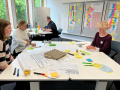 Vier Personen sitzen an zwei Tischen in einem Workshopraum mit Flipchart und Pinnwand voller bunter Notizzettel
