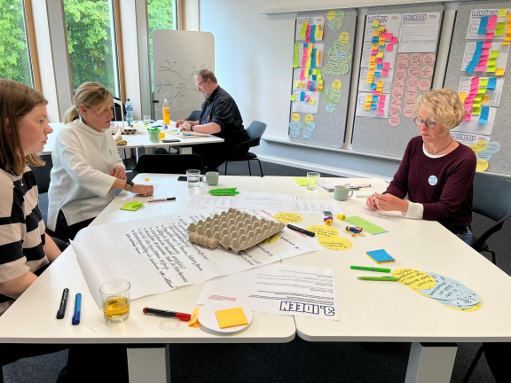 Vier Personen sitzen an zwei Tischen in einem Workshopraum mit Flipchart und Pinnwand voller bunter Notizzettel 