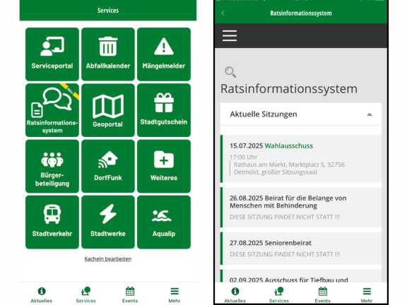 Das Foto zeigt zwei Screenshots der Appmold: Links die Übersicht der Service-Seite mit den Kacheln, rechts die Startseite des 