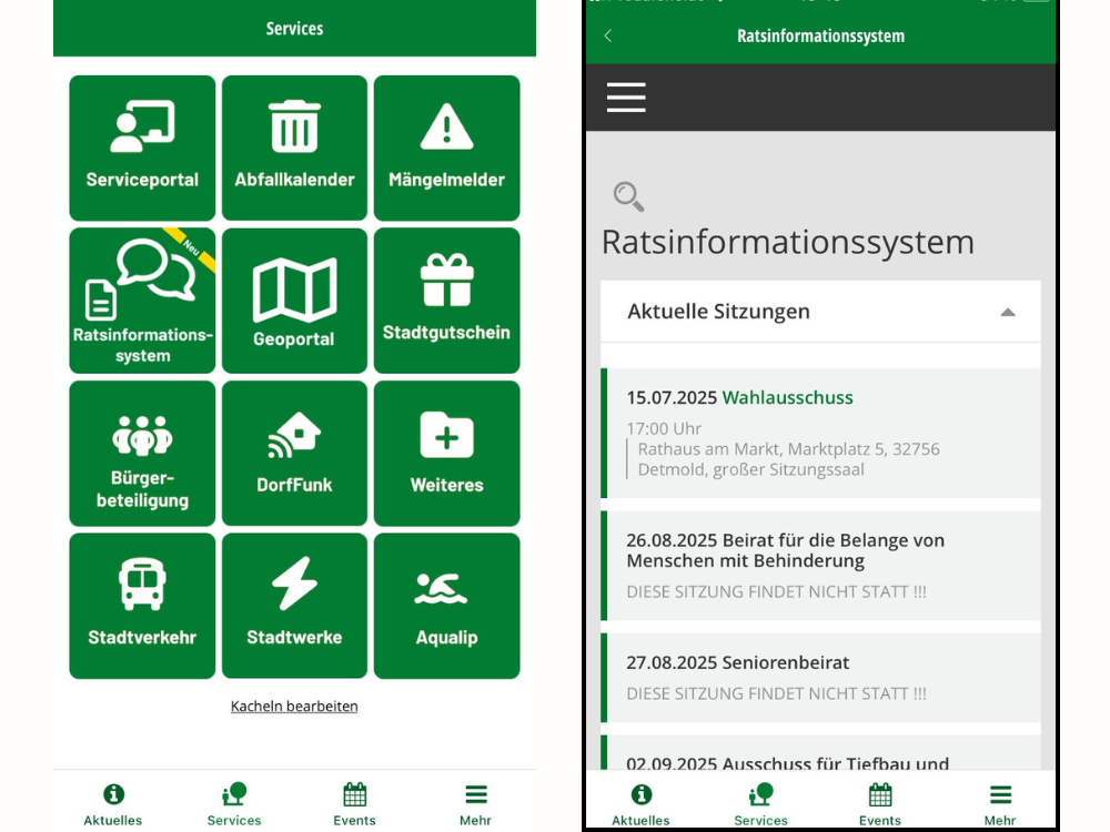 Das Foto zeigt zwei Screenshots der Appmold: Links die Übersicht der Service-Seite mit den Kacheln, rechts die Startseite des "Ratsinfosystems der Stadt Detmold". 