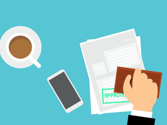 Die Symbolgrafik zeigt einen türkisfarbenen Hintergrund auf dem eine Kaffeetasse, ein Smartphone und eine Hand, die Unterlagen stempelt zu sehen ist. 