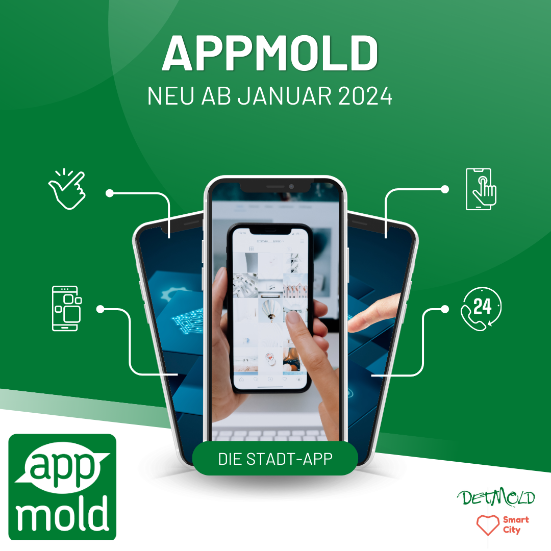 Die Grafik auf grünem Hintergrund zeigt ein Smartphone mit verschiedenen Icons, die die Funktionen der App symbolisieren sollen., Die Überschrift lautet: APPMOLD - Neu ab Januar 2024".