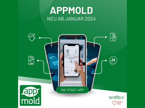 Die Grafik auf grünem Hintergrund zeigt ein Smartphone mit verschiedenen Icons, die die Funktionen der App symbolisieren sollen., Die Überschrift lautet: APPMOLD - Neu ab Januar 2024