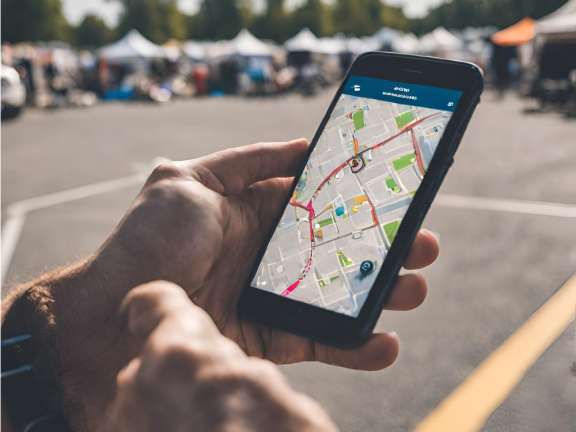 Symbolbild: Man sieht ein Smartphone mit einer geöffneten Kartenapp, welches von zwei männlichen Händen gehalten wird. Im Hintergrund sieht man einen Flohmarkt auf einem Parkplatz. 