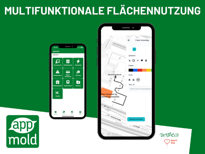 Symbolbild: grüner Hintergrund, Überschrift: "multifunktionale Flächennutzung". In der Mitte des Bildes sind zwei Smartphone-Displays zu sehen, links die Übersicht der Appmold, rechts eine Darstellung einer Karte, in der die Flächen gebucht werden können. 