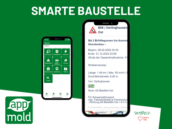 Symbolbild: Die Grafik auf überwiegend grünem Hintergrund zeigt zwei Smartphonediplays. Während das linke die Übersichts-Service-Seite der Appmold zeigt, sieht man auf dem rechten Display eine aktuelle Baustelle mit allen Details. 