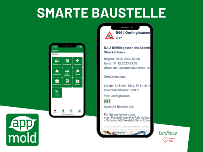 Symbolbild: Die Grafik auf überwiegend grünem Hintergrund zeigt zwei Smartphonediplays. Während das linke die Übersichts-Service-Seite der Appmold zeigt, sieht man auf dem rechten Display eine aktuelle Baustelle mit allen Details.