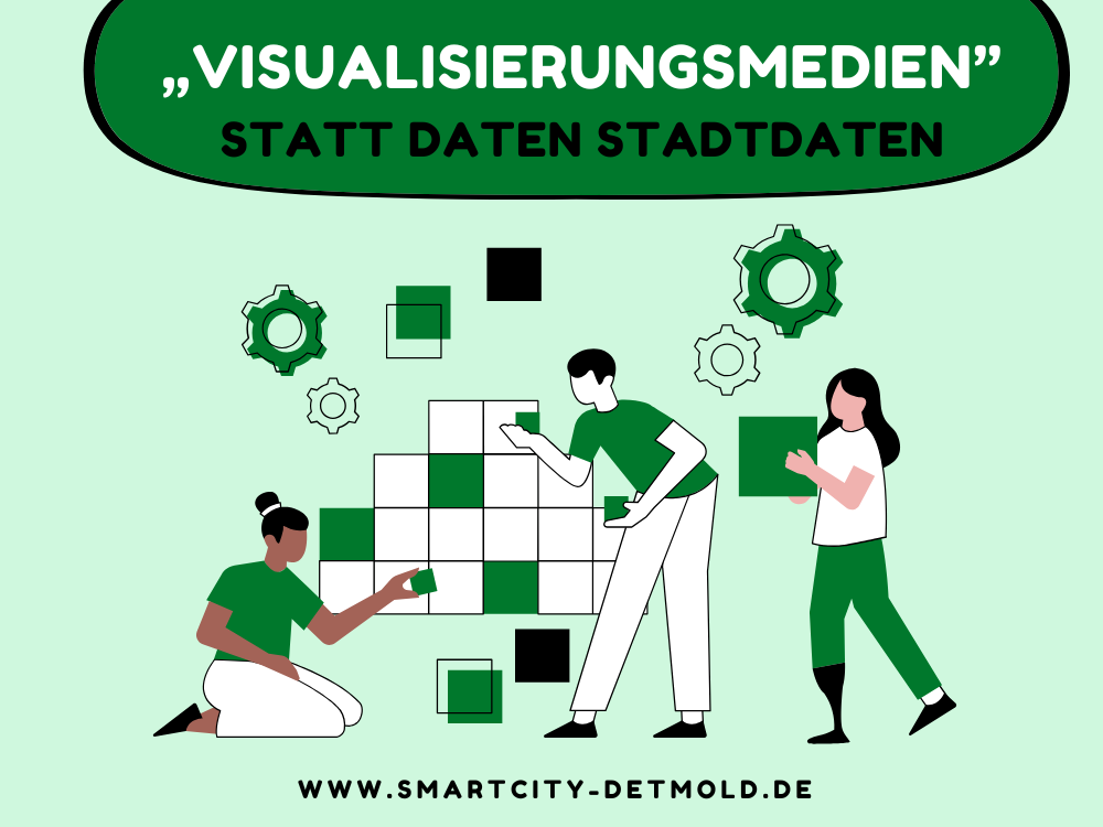 Das Symbolbild hat einen hellgrünen Hintergrund und ist mit "Visualisierungsmedien, Statt Daten Stadtdaten" in einer dunkelgrünen Blase überschrieben. Drei stilisierte Personen bestücken eine Art "leeres Kreuzworträtselgitter" mit grünen Quadraten. Im Hintergrund sind Muttern zu sehen. Alle Symbole stellen Daten dar. Unten ist www.smartcity-detmold.de zu lesen.